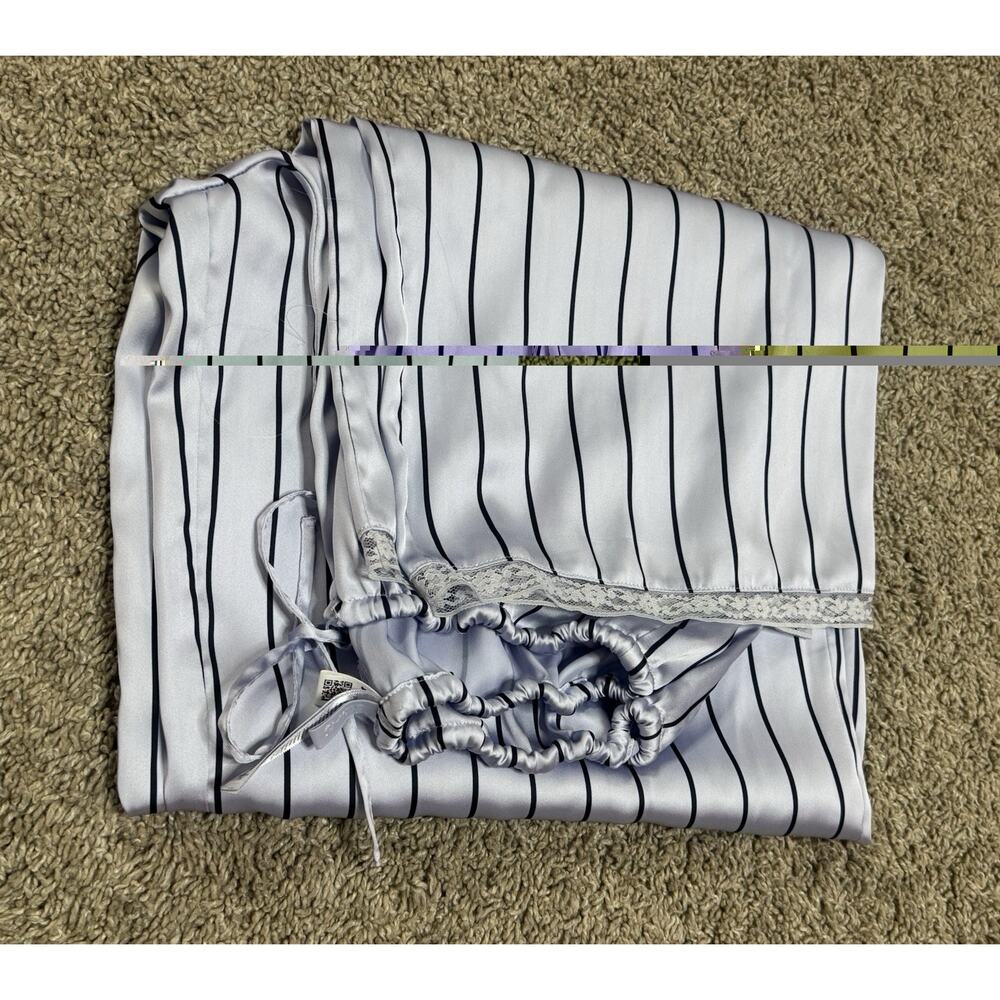 SKIMS Woven Shine Sleep Lace Pants Blue Pinstripe Satin Lounge Pajama Bottoms XS - Picture 8 of 9